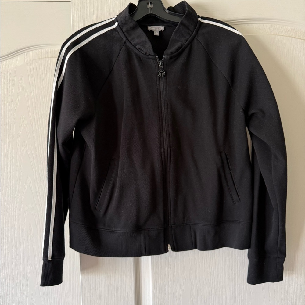 T by Talbots Black Zip-Up Pique Ruffle Neck Jacket with White Stripes